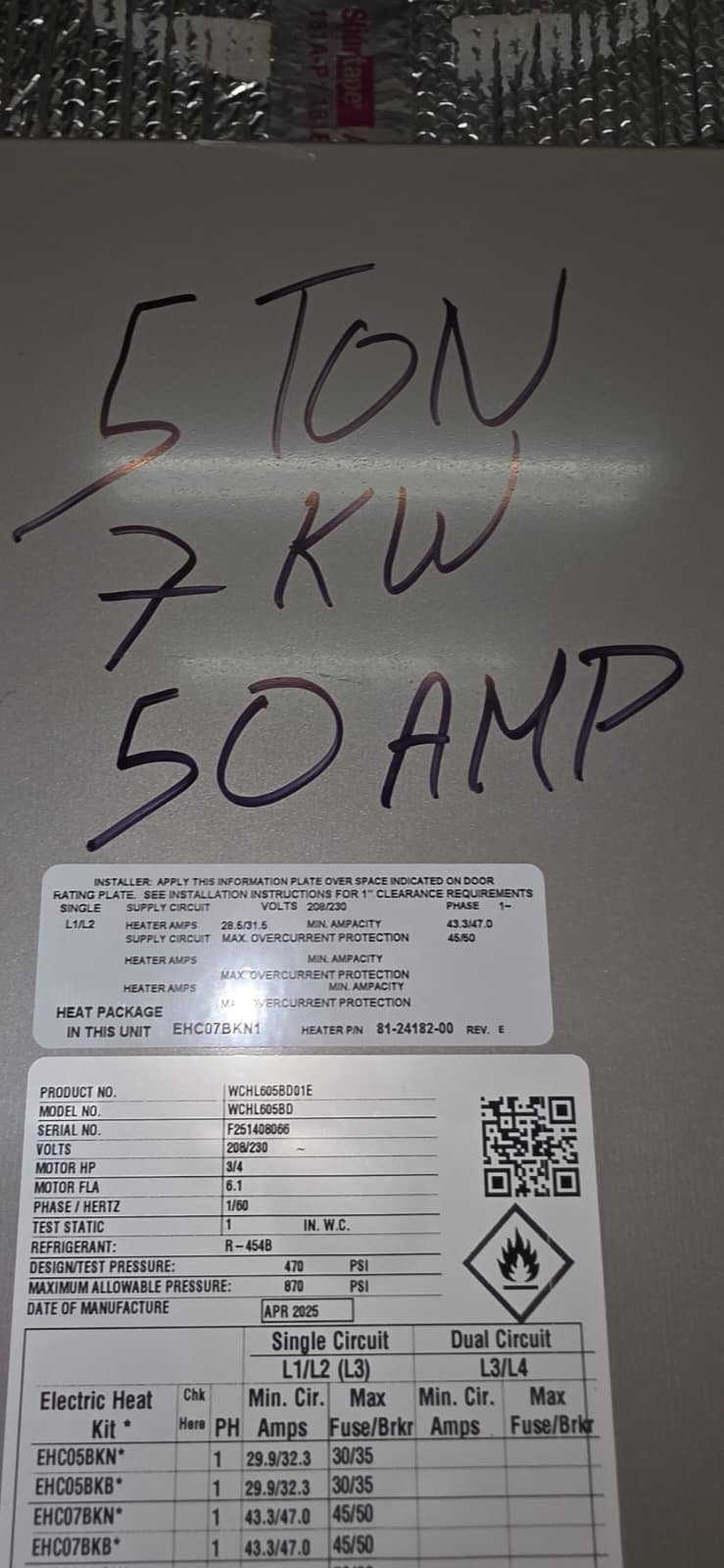 Close-up of HVAC unit label with specifications in Lutz, FL 33559.