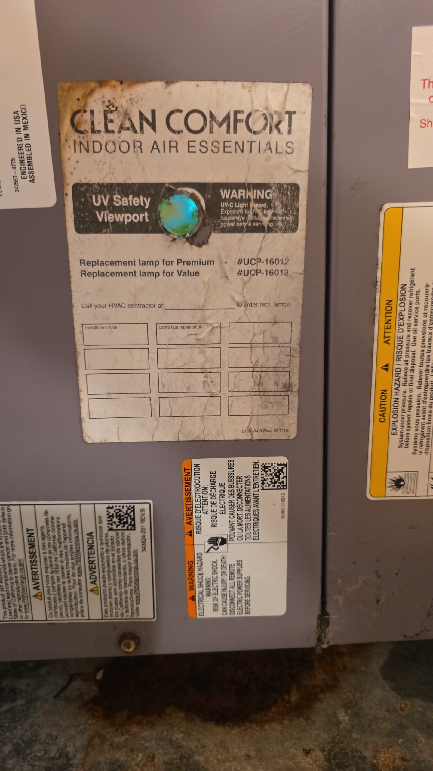 HVAC Unit Label with UV System, New Port Richey, FL 34655 HVAC unit label and indicator light with UV system, New Port Richey, FL 34655.