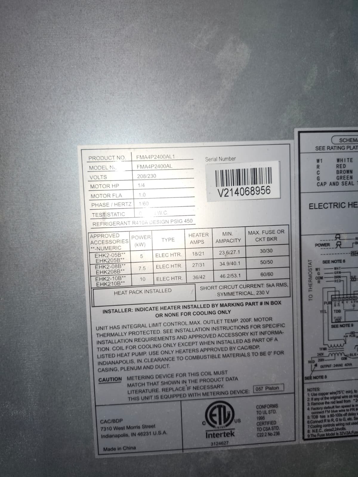 Close-up of HVAC unit specification label in Tampa, FL 33618.