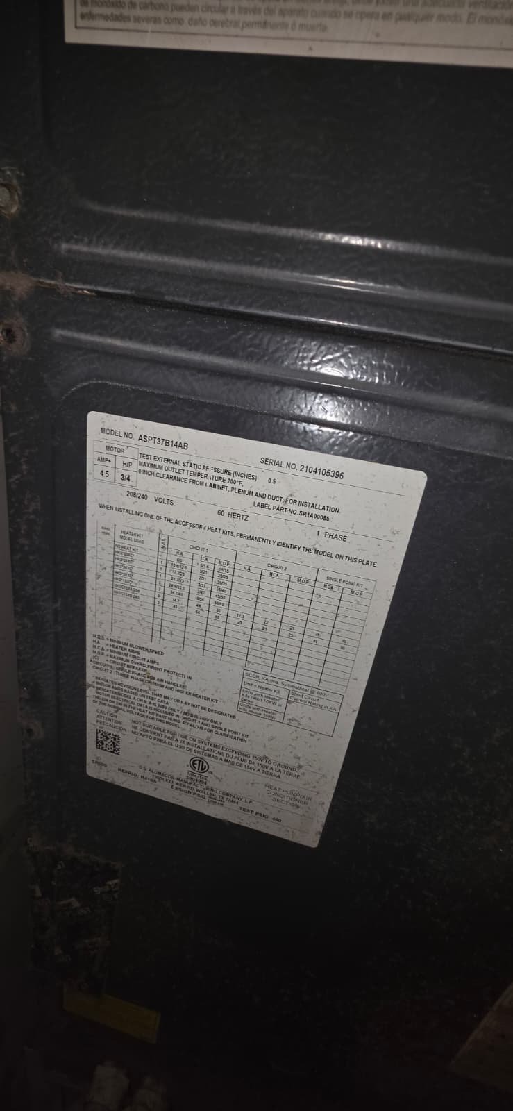 HVAC Unit Label Close-Up - Tampa, FL 33612 Close-up of label on HVAC unit for system repair in Tampa, FL 33612.
