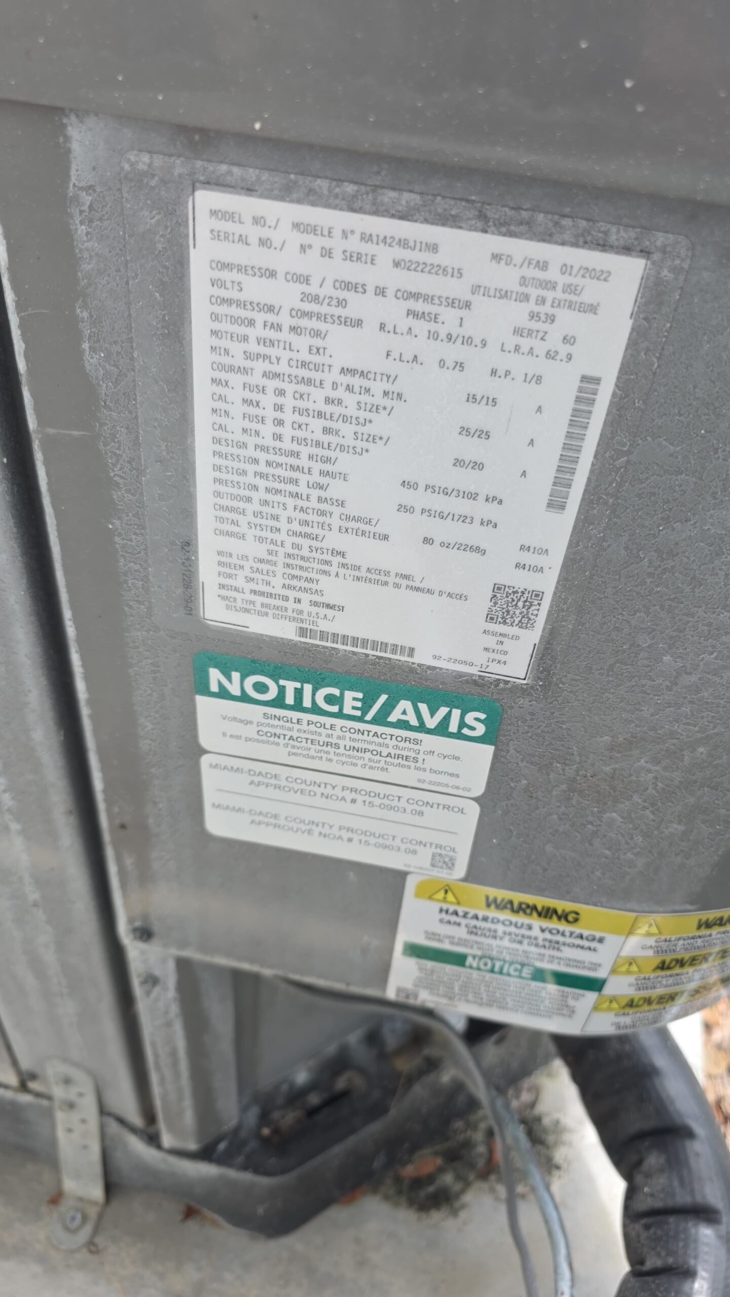 Close-up of HVAC unit label in Largo, FL 33774.