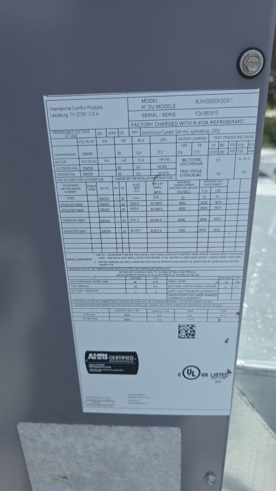 HVAC Unit Specification Label - Largo, FL 33773 Close-up of HVAC unit specification label in Largo, FL 33773.