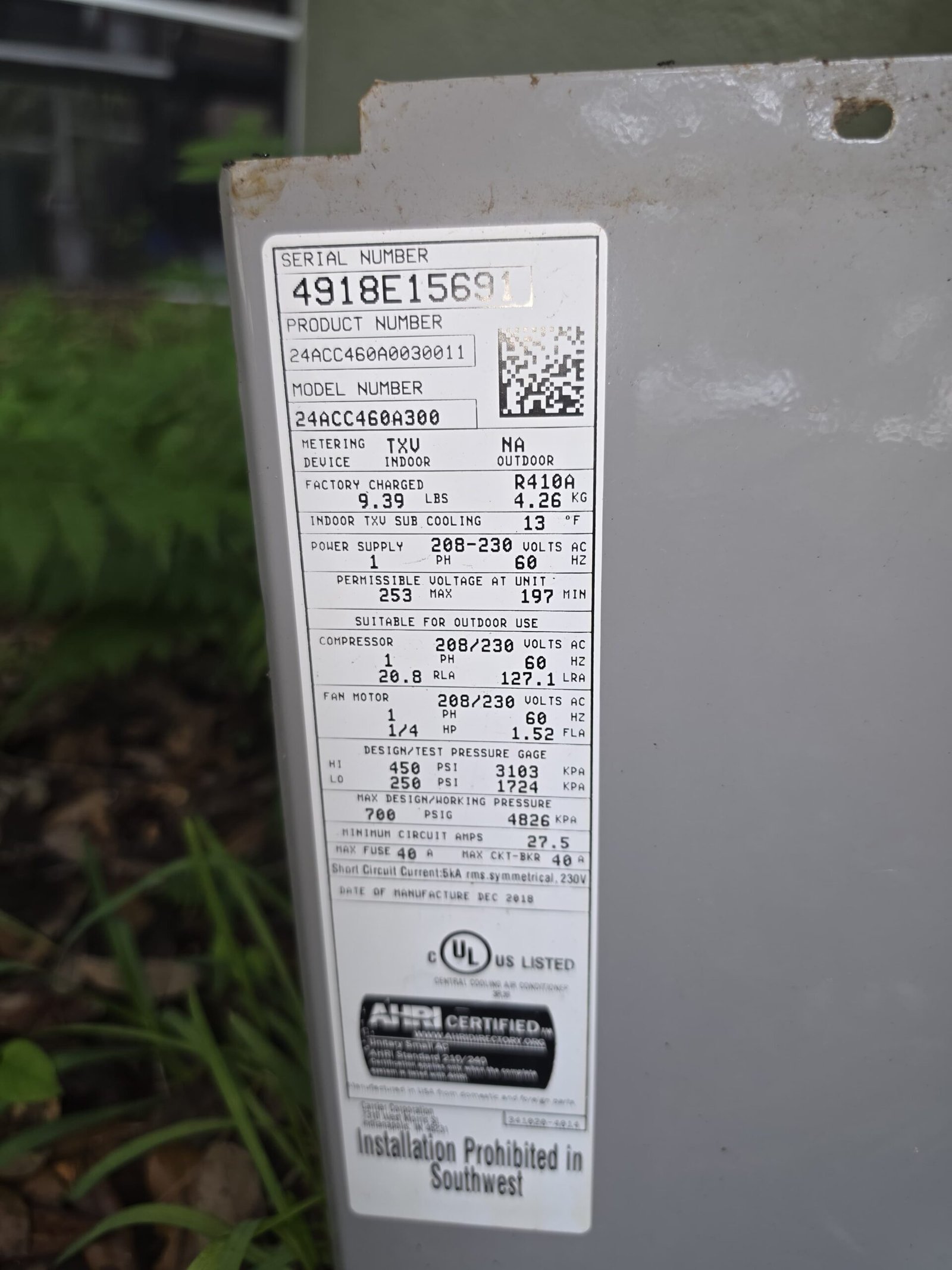 HVAC Unit Specifications - Tampa, FL 33625 Label with specifications on the side of an HVAC unit in Tampa, FL 33625. Technical details.