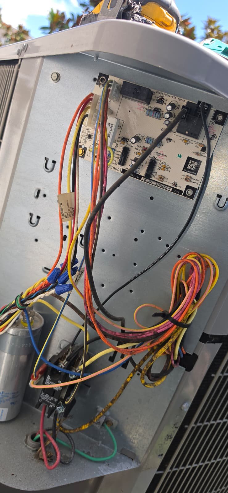Open HVAC unit showing internal wiring in Odessa, FL 33556. Free diagnosis available.
