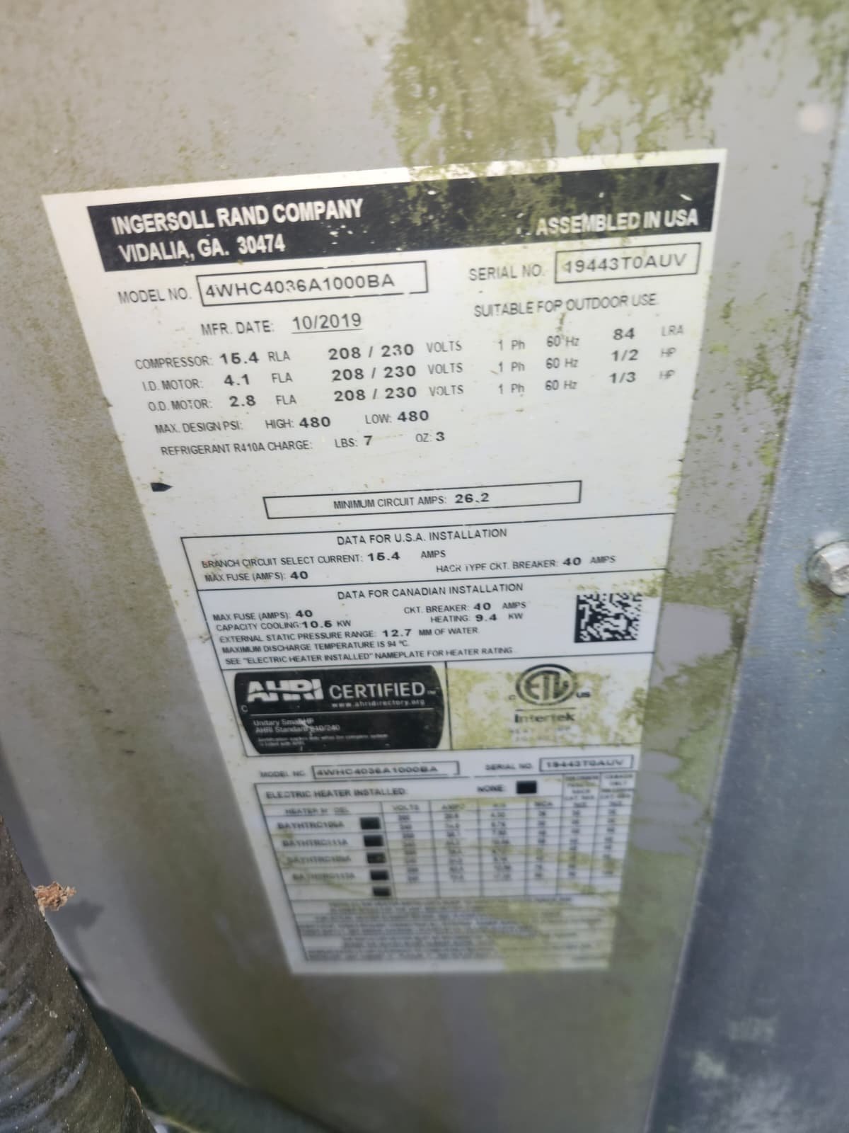 Close-up of Ingersoll Rand AC unit label in Tampa, FL 33618. Equipment detail for HVAC service.