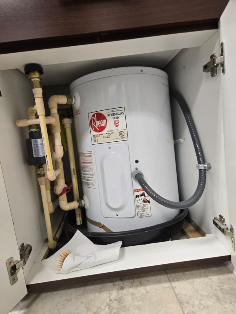 Installed Rheem water heater with plumbing in Land O' Lakes, FL 34638