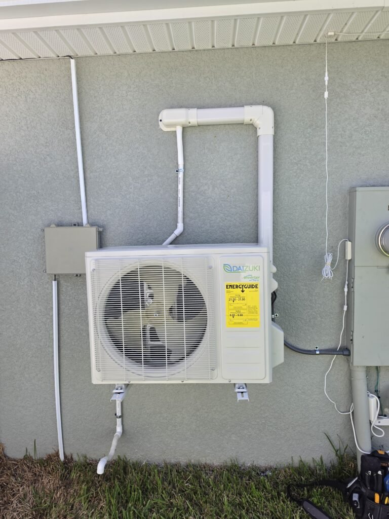 A mini-split condenser with a covered line set on an outside wall in Zephyrhills, FL 33541.