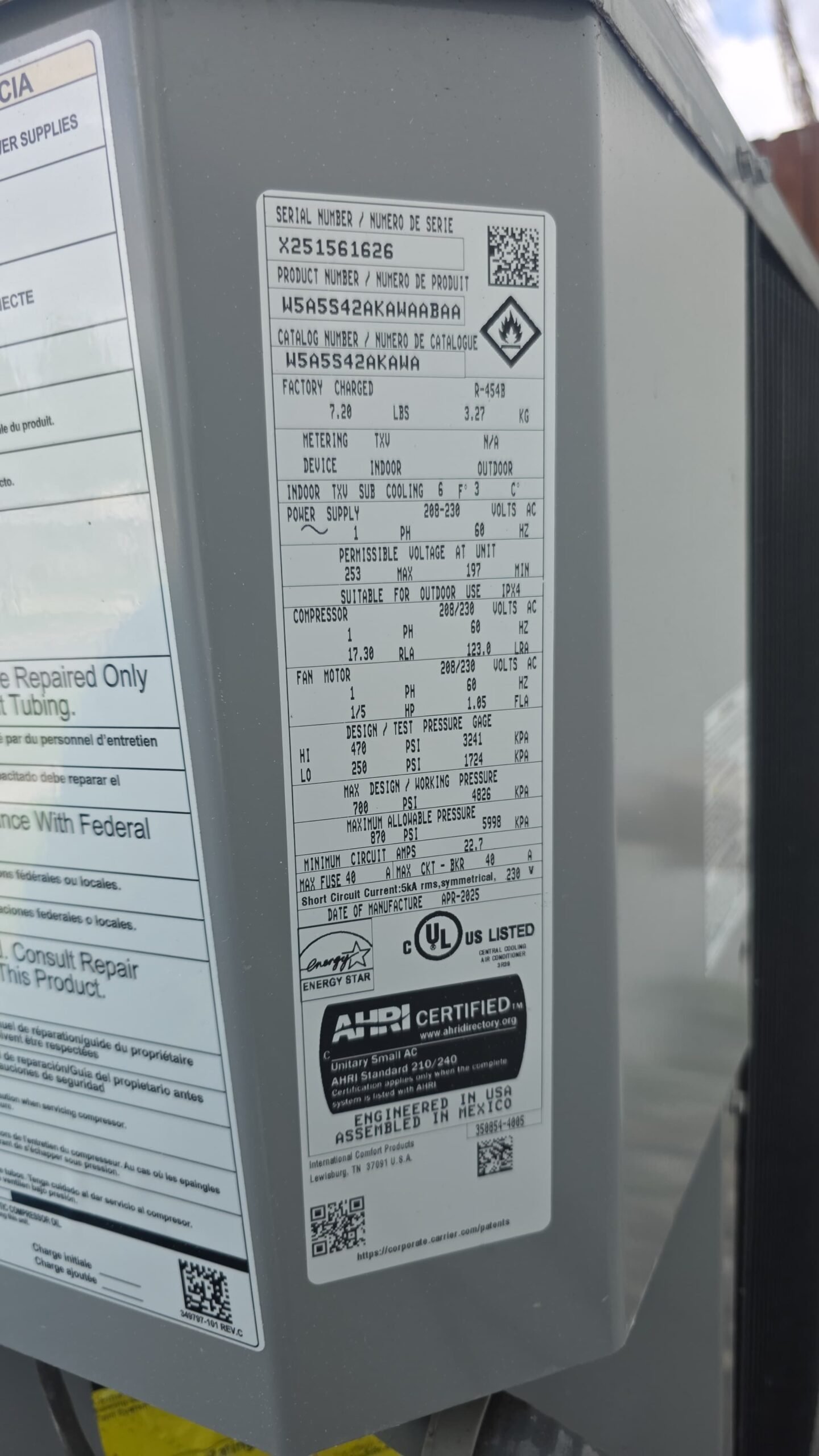 Label on outdoor AC unit in Largo, FL 33771.