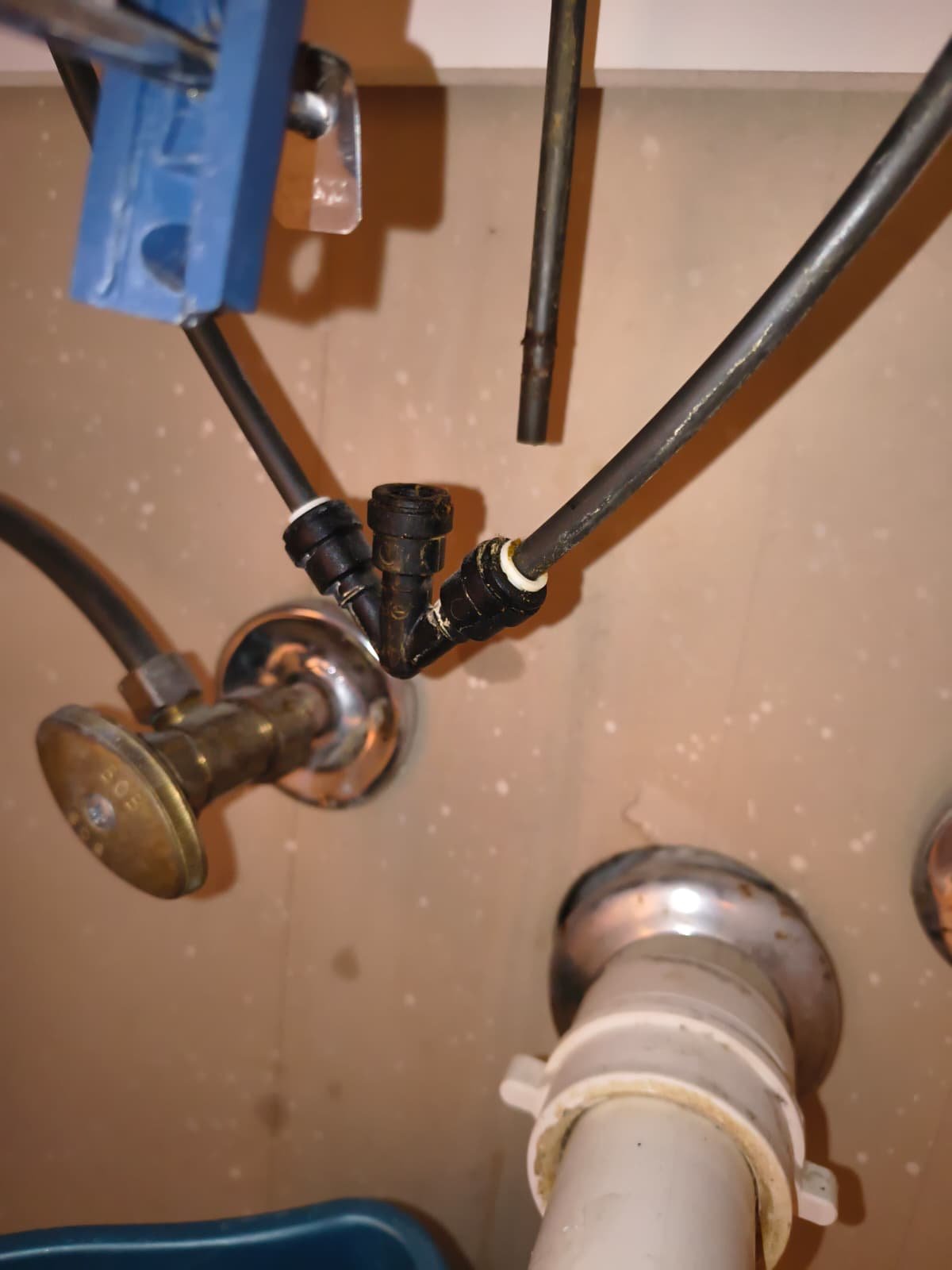 Plumbing Pipe Installation in Tampa, FL 33635 In-progress plumbing pipes and connections under sink in Tampa, FL 33635.