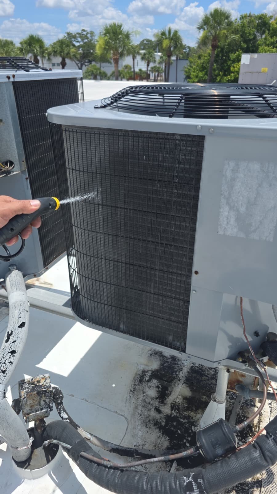 Technician cleaning HVAC unit on rooftop in Tampa, FL 33634.