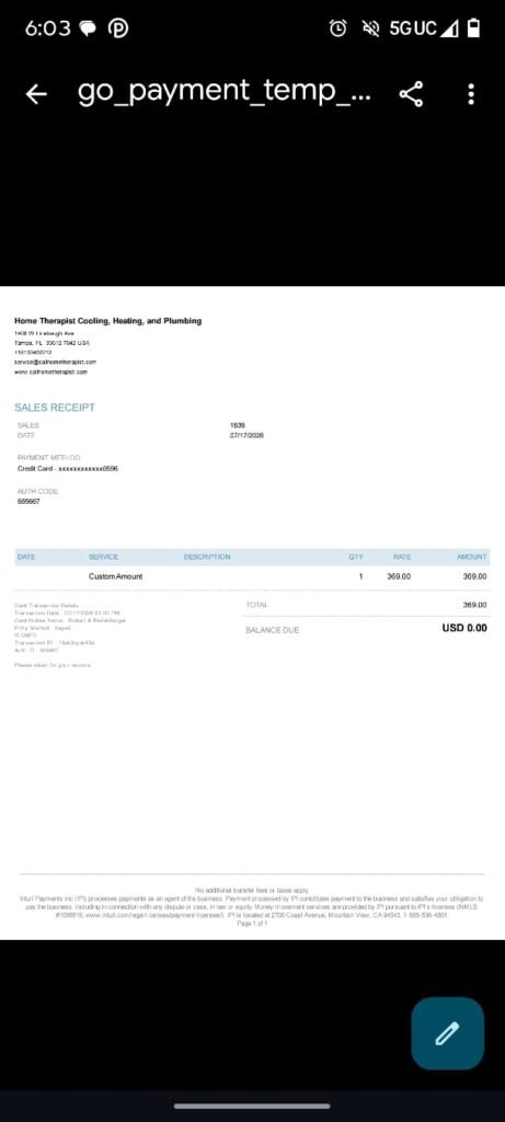 Sales Receipt for Service in Saint Petersburg, FL 33701 Sales receipt for water heater service, Saint Petersburg, FL 33701