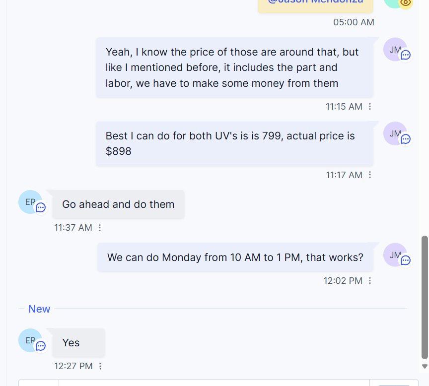 Scheduling UV Light Installation, New Port Richey, FL 34655 Text conversation about scheduling UV light installation, New Port Richey, FL 34655.