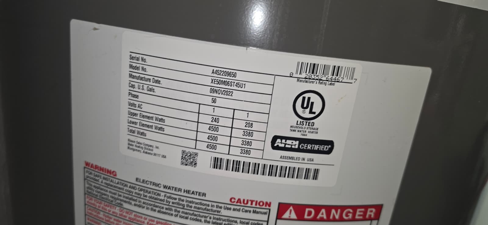 Specification Label - Tampa, FL 33624 Close-up of water heater's specification label in Tampa, FL 33624.