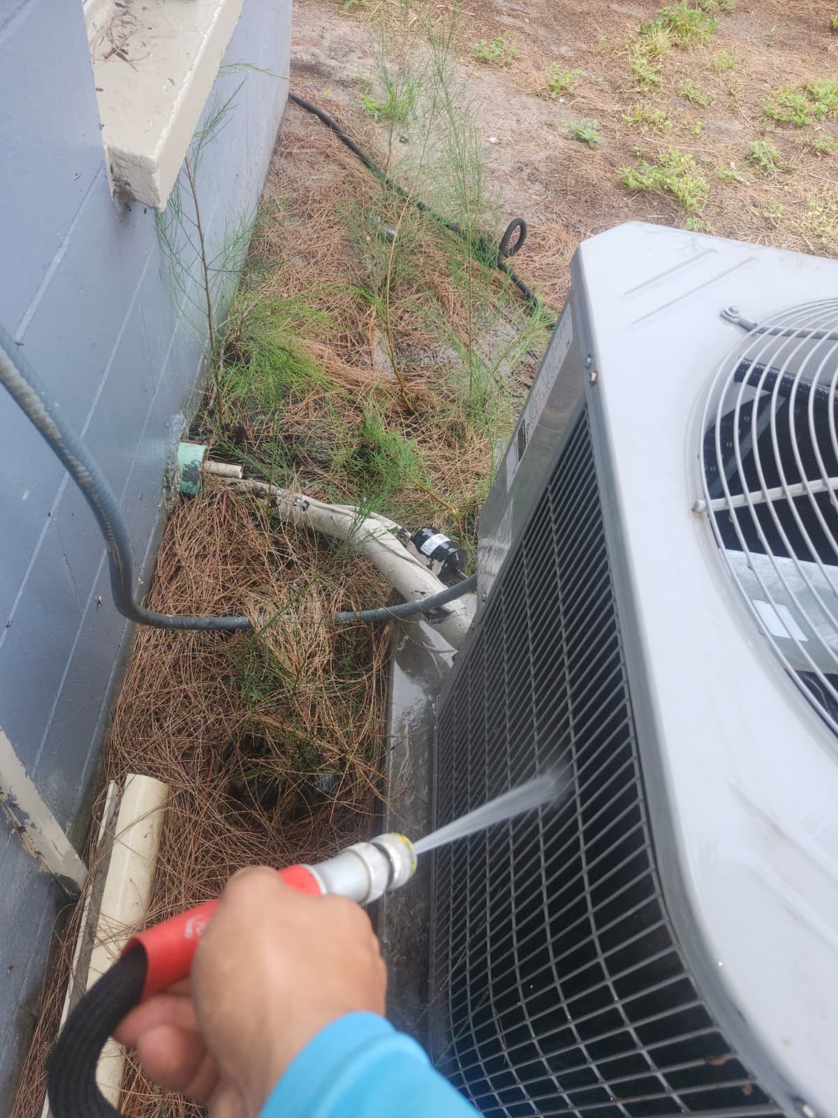 Technician cleaning an outdoor AC unit with a hose during Visit #3 in Tampa, FL 33619.