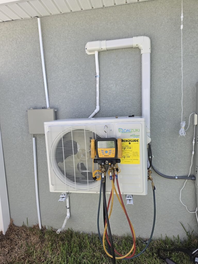 Checking refrigerant pressures on a mini-split condenser in Zephyrhills, FL 33541.