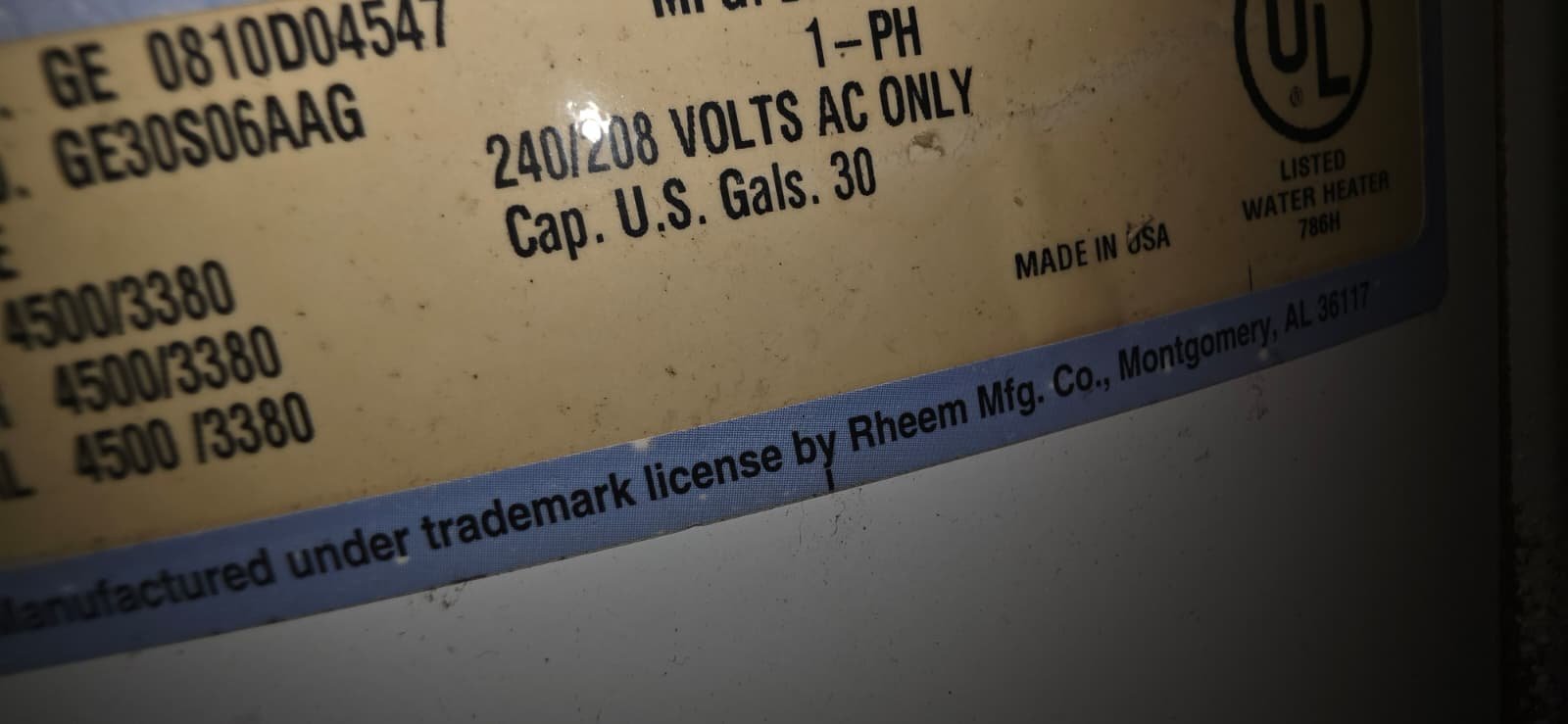 Close-up of water heater label with specs in Port Richey, FL 34668. Important details.