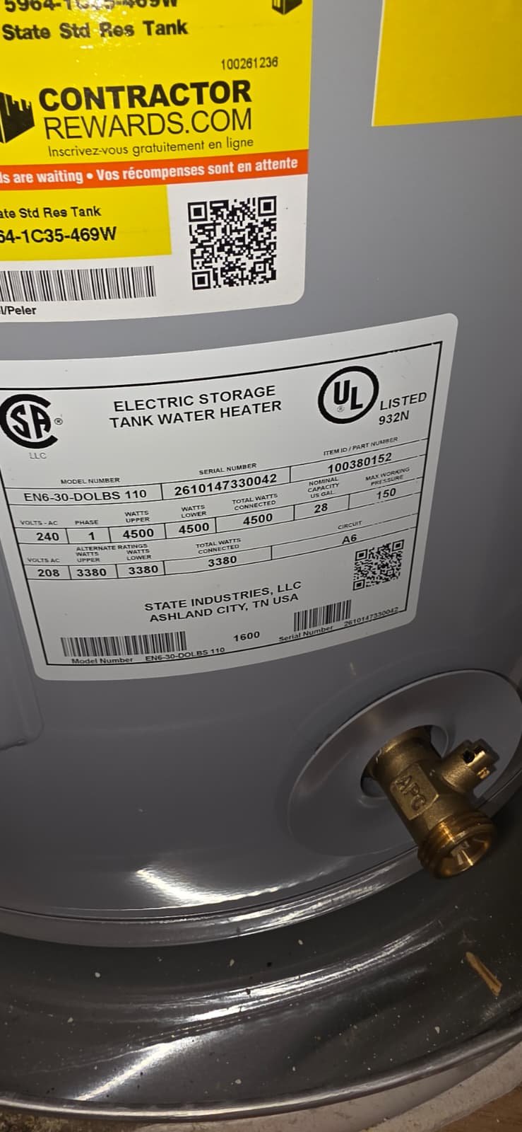 Water Heater Label in Tampa, FL 33615 Close-up of water heater label and valve in Tampa, FL 33615. Important details.