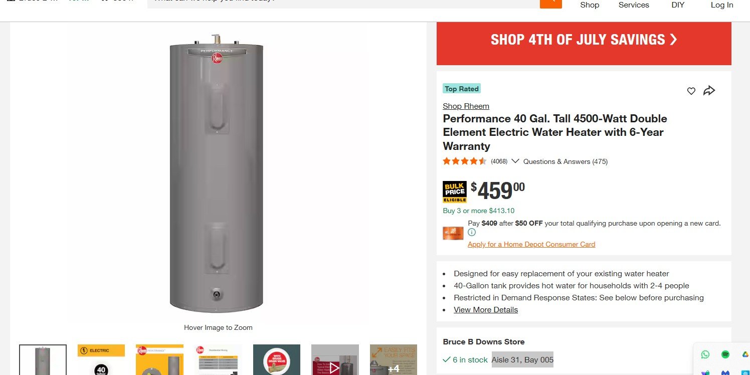 Online listing screenshot of 40 Gal. Tall water heater, Tampa, FL 33647.