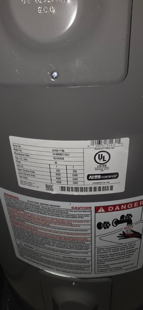 Water heater specifications label in Wesley Chapel, FL 33545