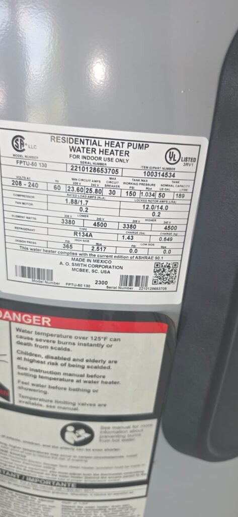 Water heater label with specifications in Wimauma, FL 33598