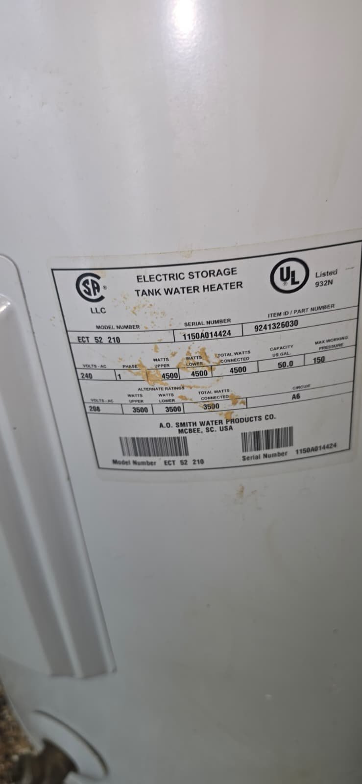 Close-up of water heater label showing specs, Lutz, FL 33559. Part of Visit #5. Plumbing #2.