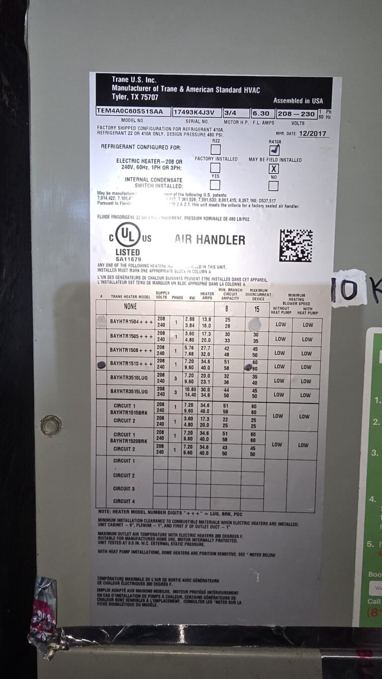 Air Handler Unit Label with Specifications in Tampa, FL 33624 Label on air handler unit showing specifications in Tampa, FL 33624