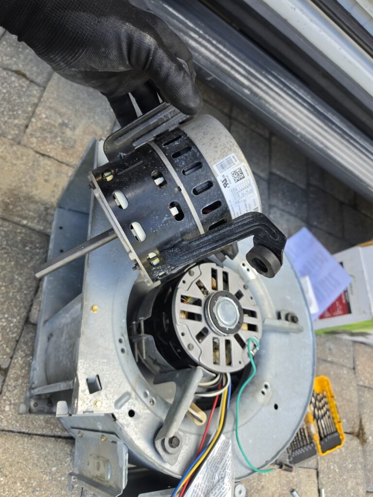 A blower motor and wheel pulled for replacement in Tampa, FL 33618.