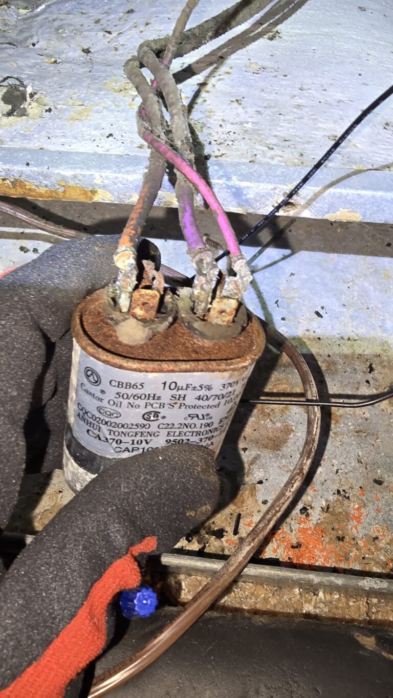 Corroded capacitor detail during HVAC service in St. Petersburg, FL 33705