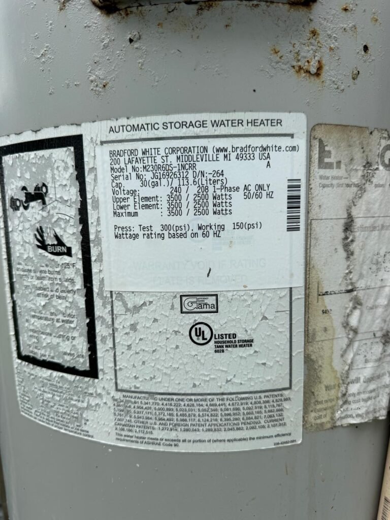 Data plate on old water heater, St. Petersburg, FL 33704