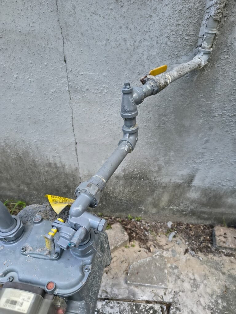 A gas meter with its shutoff valve and supply pipe running up an exterior wall in St. Petersburg, FL 33710.
