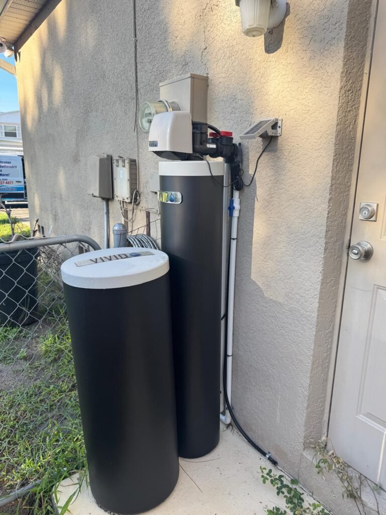 A water softener and brine tank outside a home in New Port Richey, FL 34652.