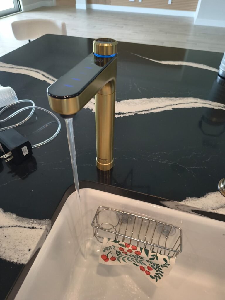 A new brushed gold kitchen faucet installed in San Antonio, FL 33576.