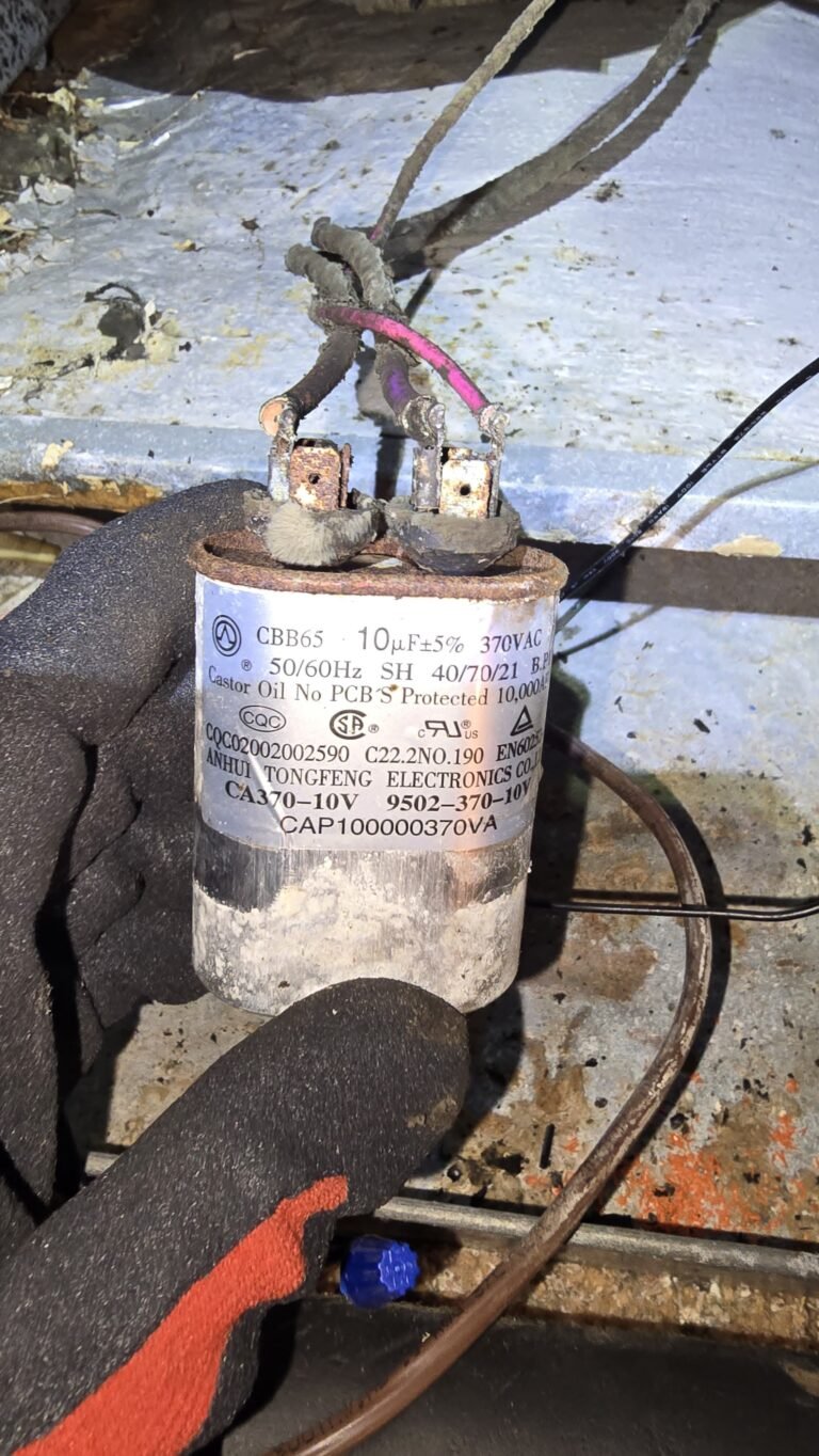 Worn capacitor detail during HVAC service in St. Petersburg, FL 33705