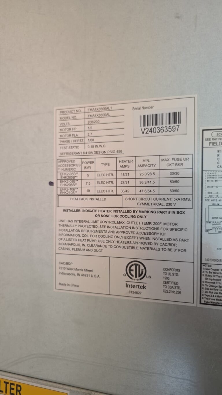 HVAC Component Label in Lutz, FL 33559 Close-up of HVAC component label in Lutz, FL 33559