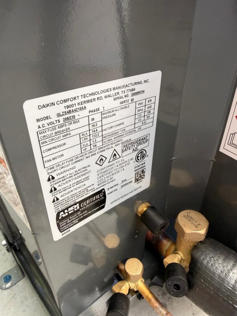 HVAC unit label with specifications, Ruskin, FL 33573