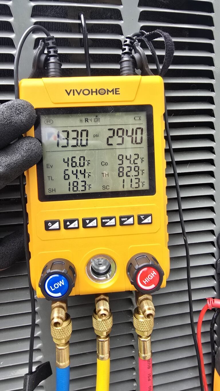 HVAC Service with Manifold Gauge in Tampa, FL 33624 Digital manifold gauge on HVAC unit during service in Tampa, FL 33624