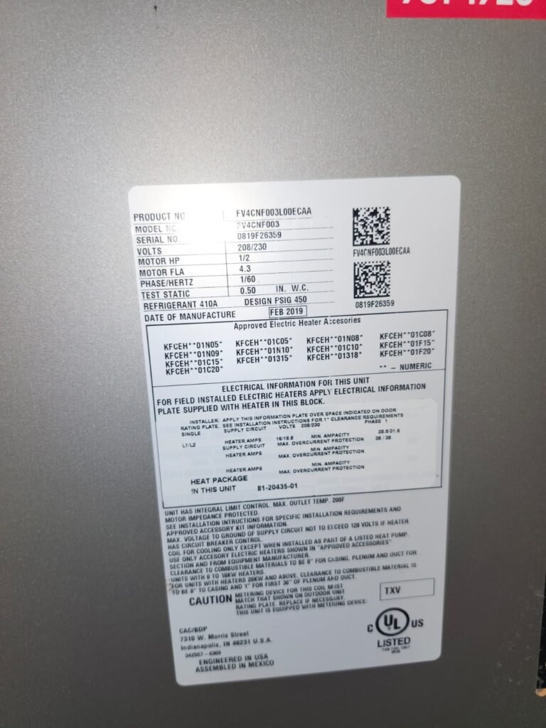 HVAC Unit Label in Tampa, FL 33611 HVAC unit label with specifications, Tampa, FL 33611