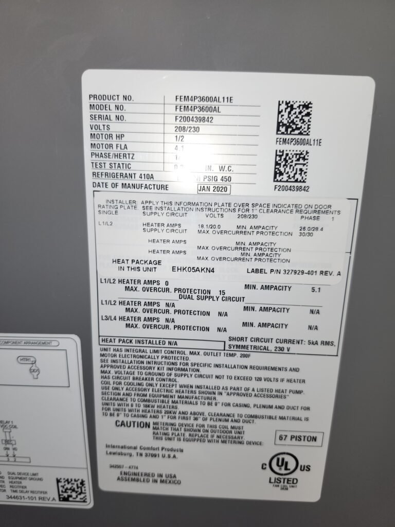 HVAC unit label with specifications in Tampa, FL 33624