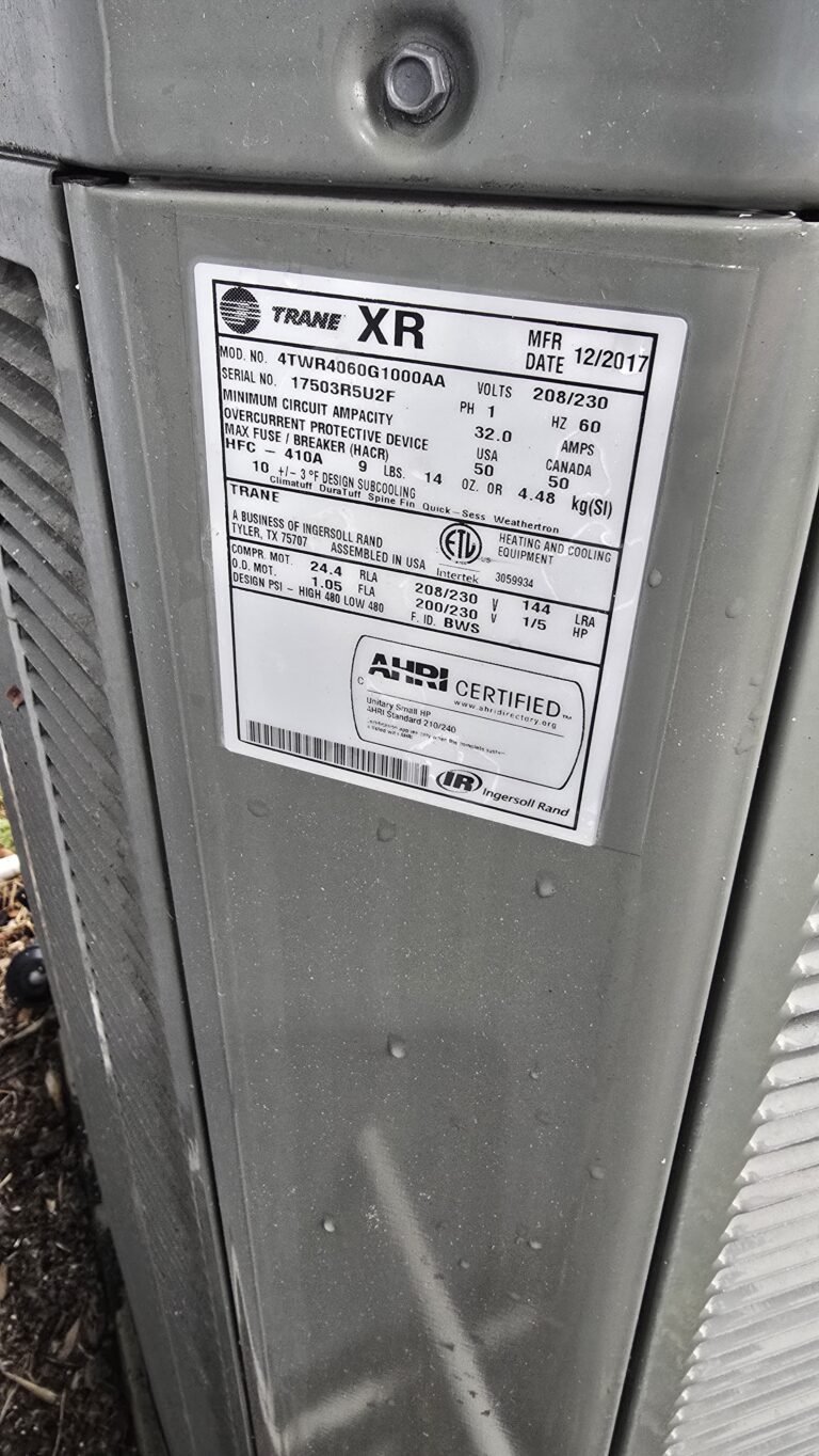 HVAC Unit Label with Specifications in Tampa, FL 33624 Label on HVAC unit showing specifications in Tampa, FL 33624