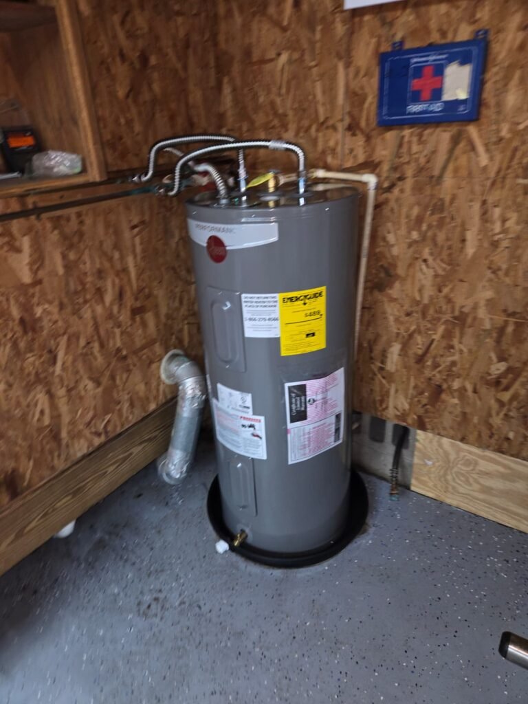 Newly installed water heater with labels, Tampa, FL 33612