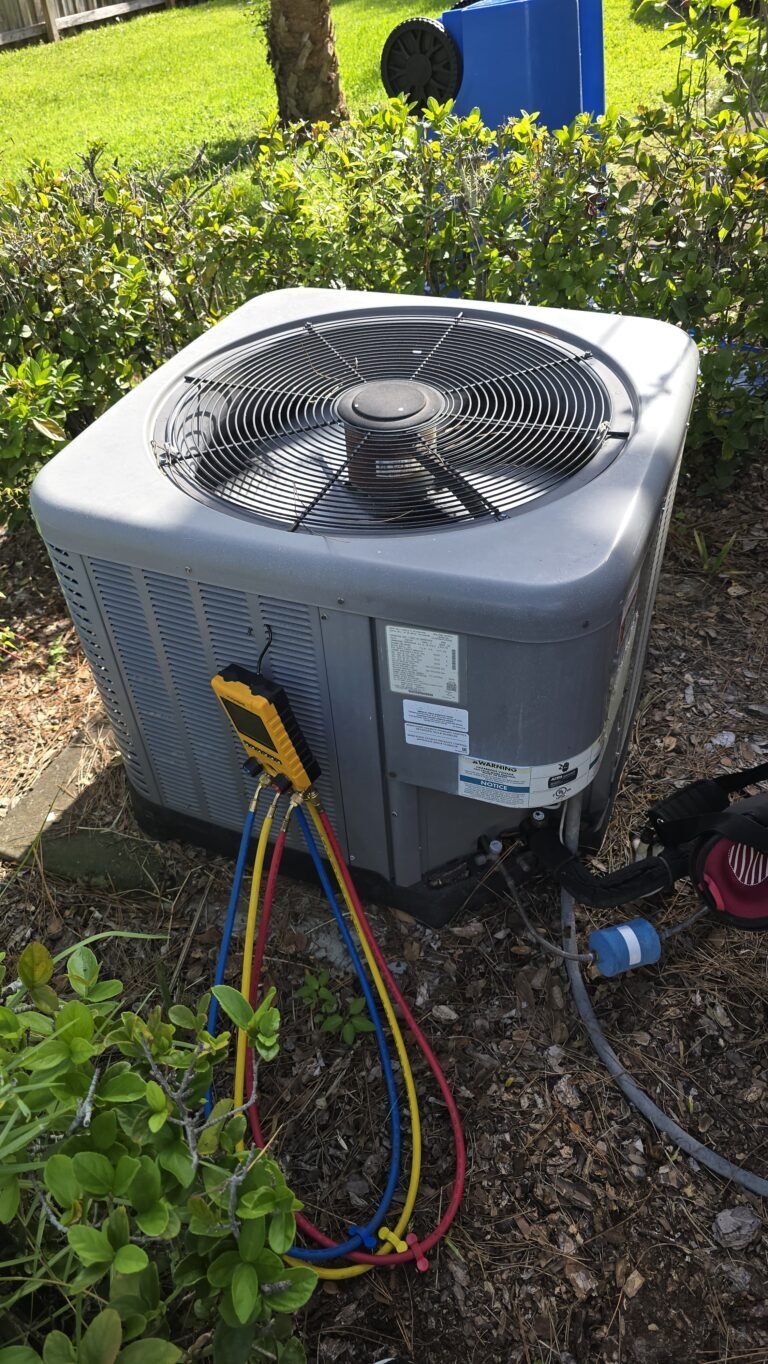 Outdoor HVAC unit with gauges in Tampa, FL 33610