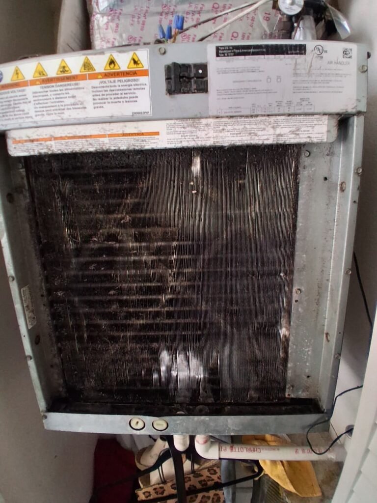 A dirty air handler coil before cleaning in St. Petersburg, FL 33701.