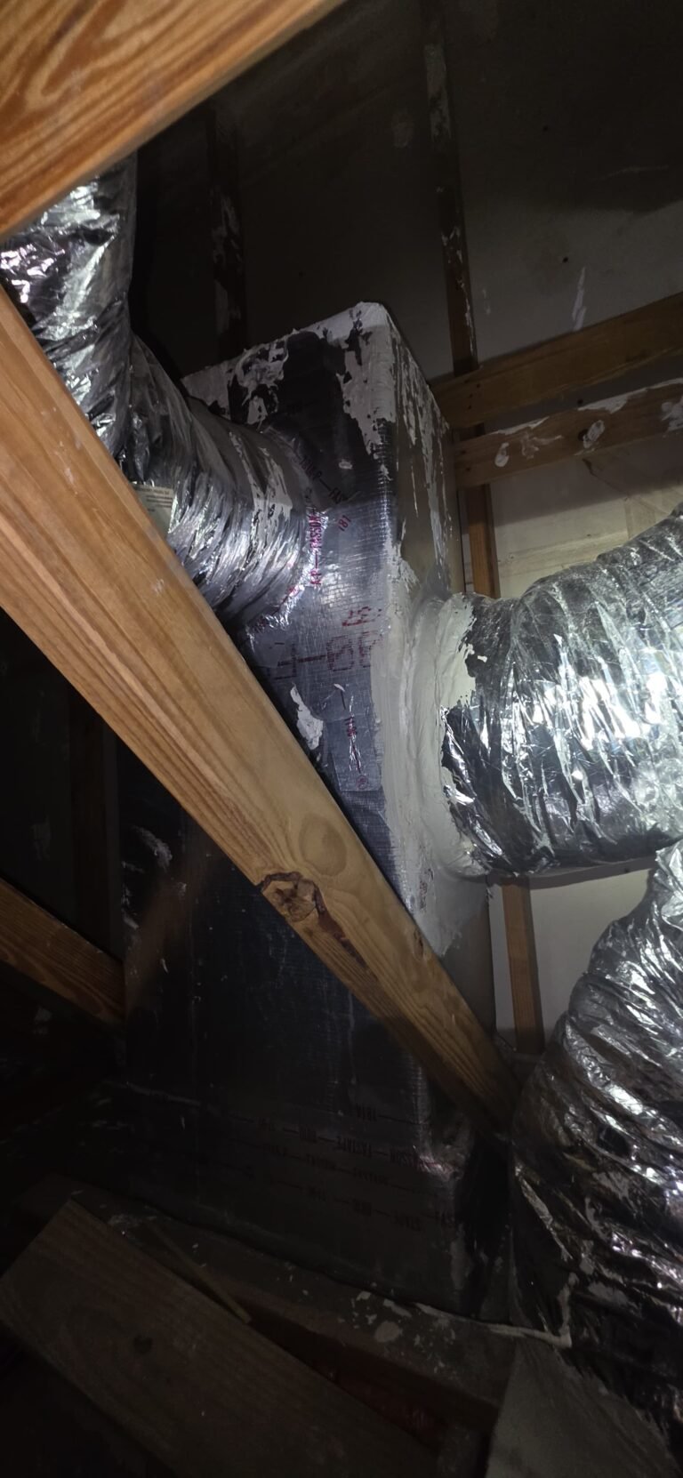 Ductwork and plenum in attic with beams, Tampa, FL 33626