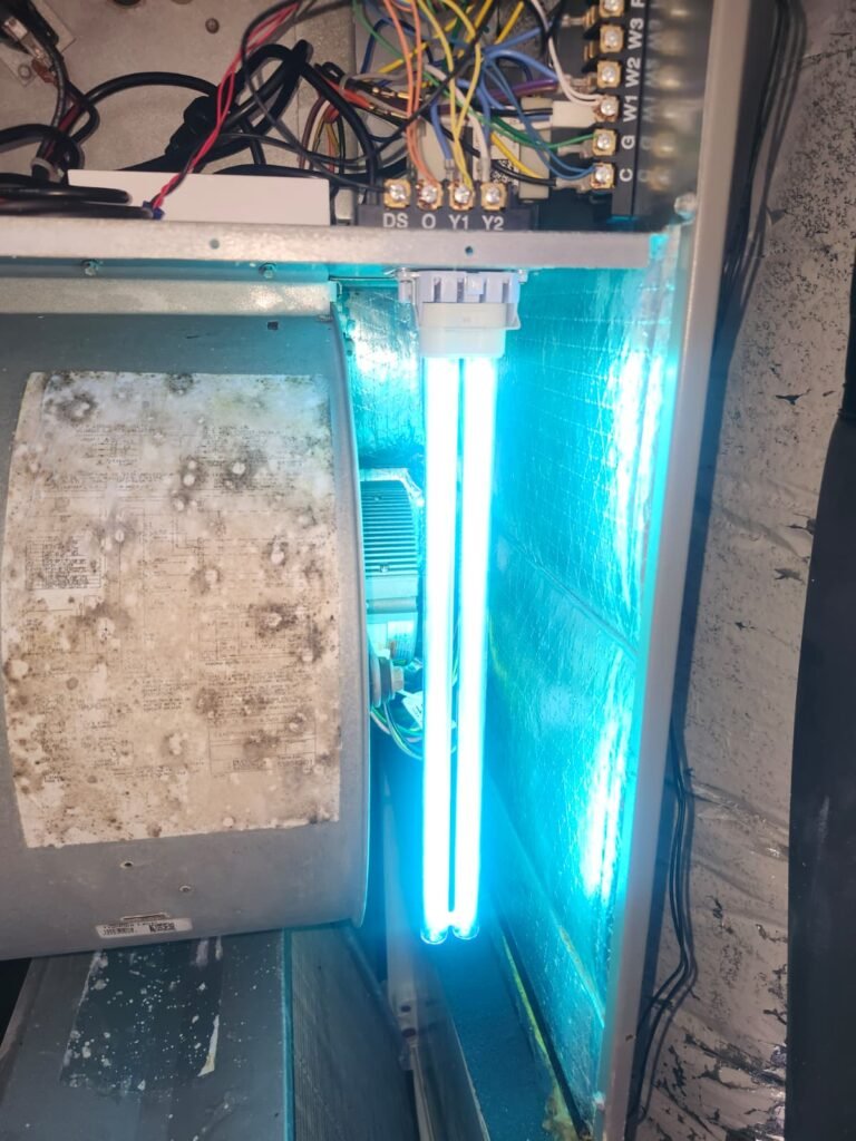 A UV lamp glowing inside an air handler beside the blower in Wesley Chapel, FL 33545.