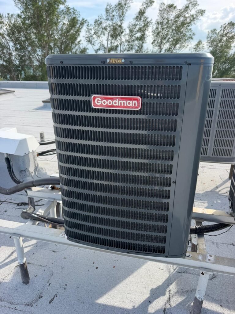 Goodman condenser unit on rooftop in Indian Rocks Beach, FL 33785