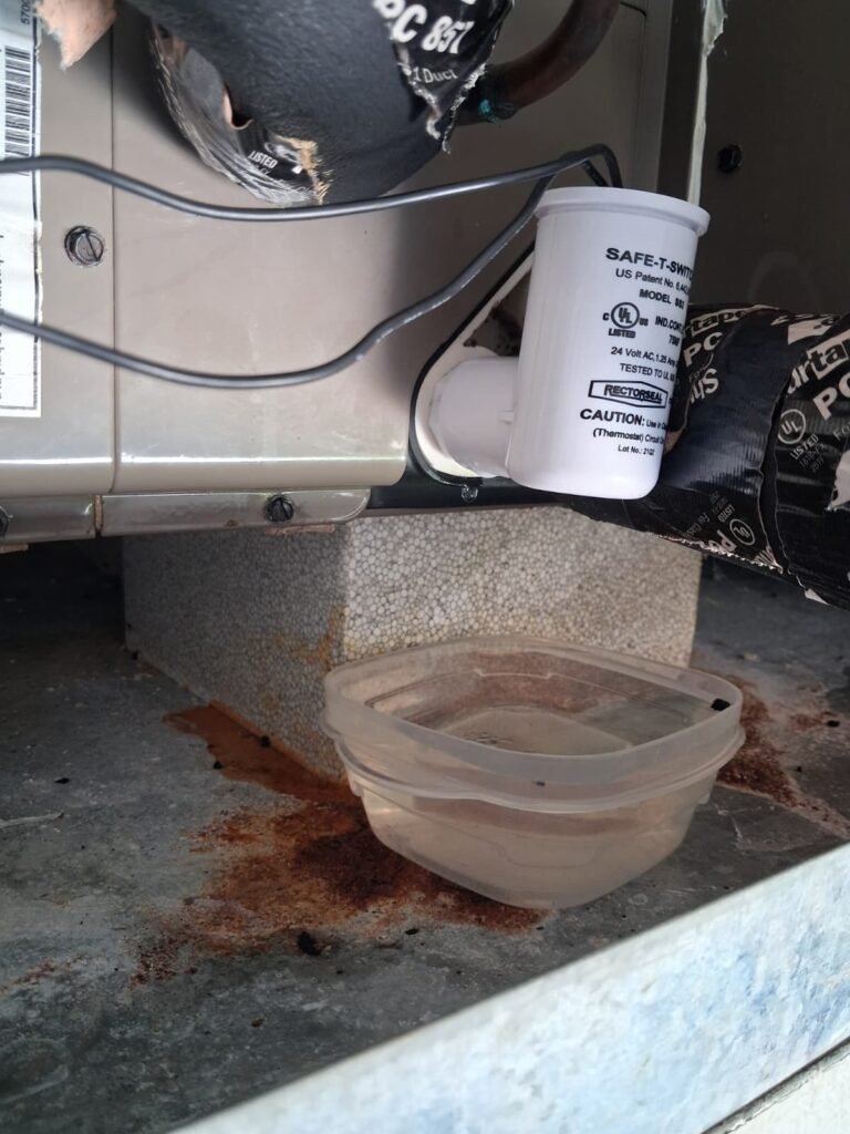 A float switch on a rust-stained drain pan under an air handler in Wesley Chapel, FL 33543.