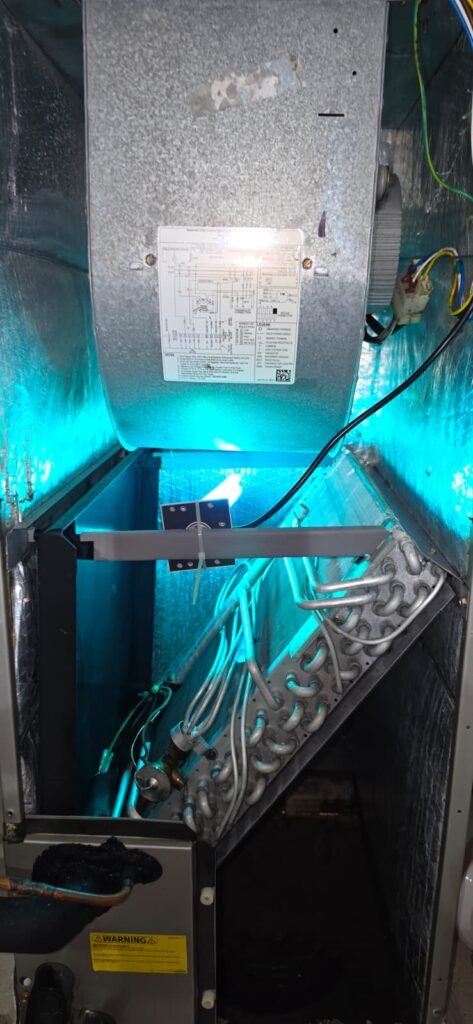 A UV light glowing inside an air handler in Tampa, FL 33614.