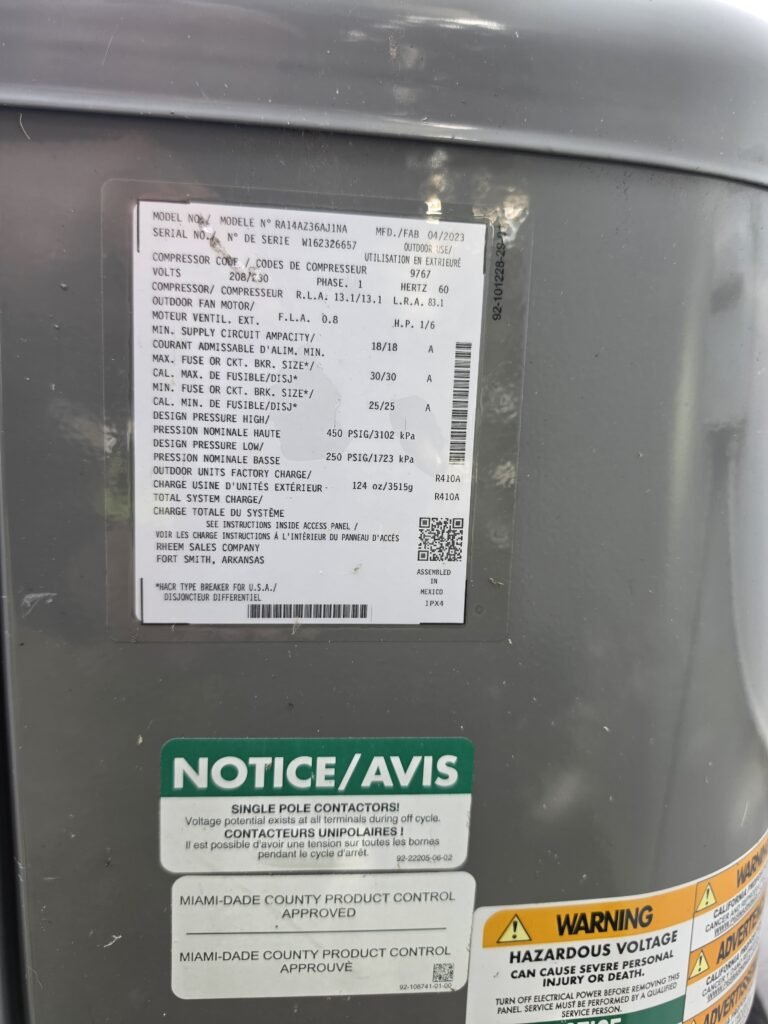 Label on exterior of HVAC unit, Clearwater, FL 33756