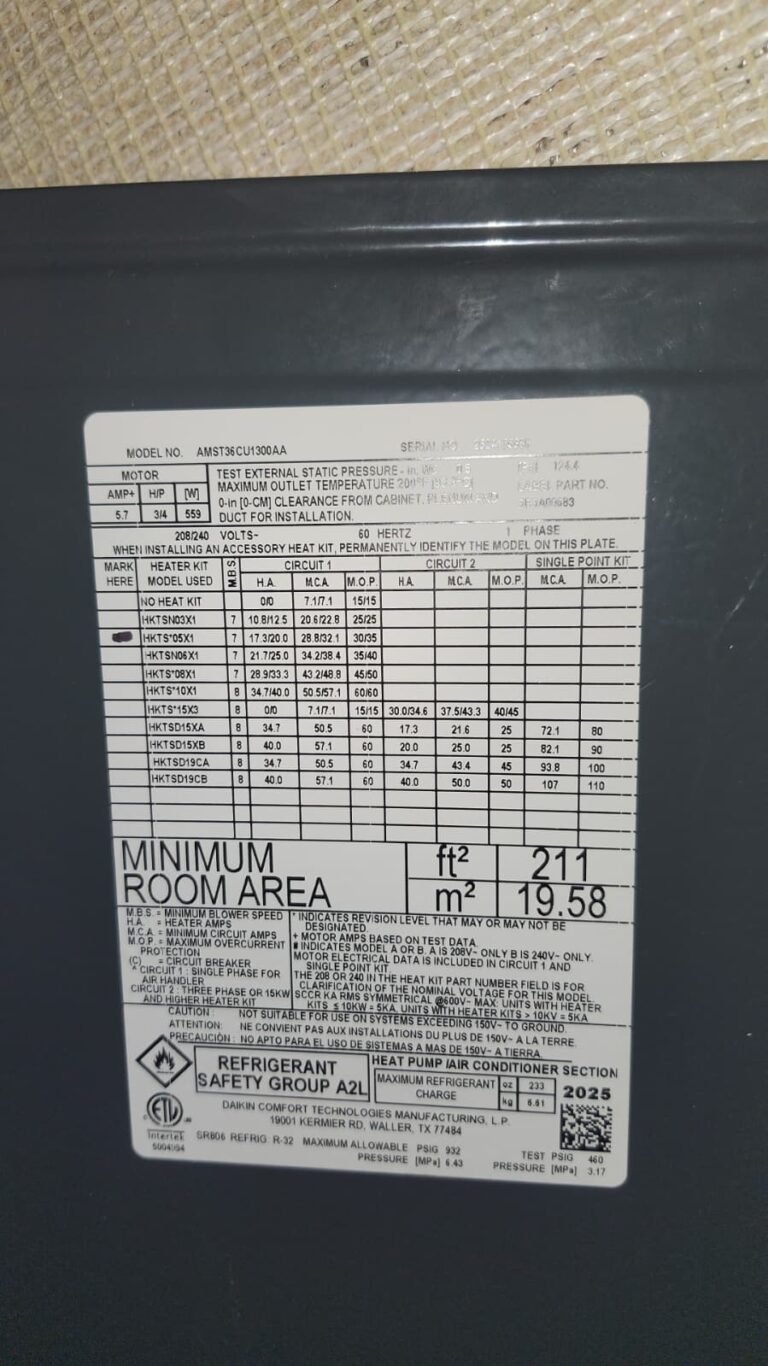 HVAC Unit Label with Specifications in Riverview, FL 33578 HVAC unit label with specifications in Riverview, FL 33578
