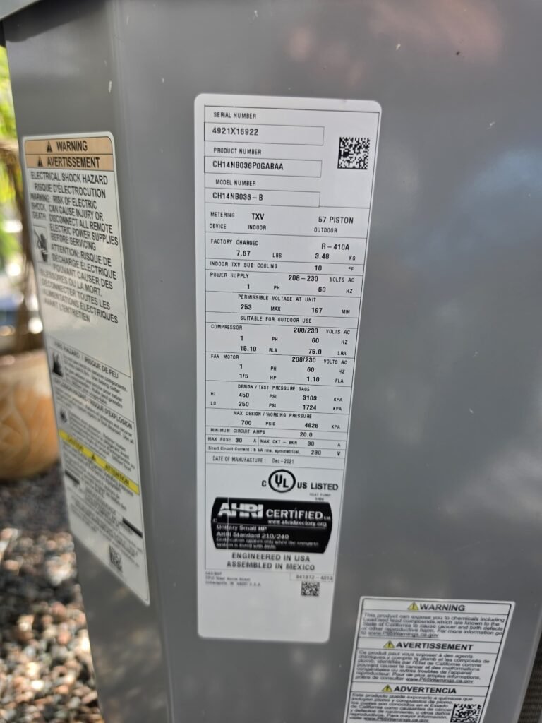 HVAC Unit Label in Wesley Chapel, FL 33545 HVAC unit label with specifications, Wesley Chapel, FL 33545